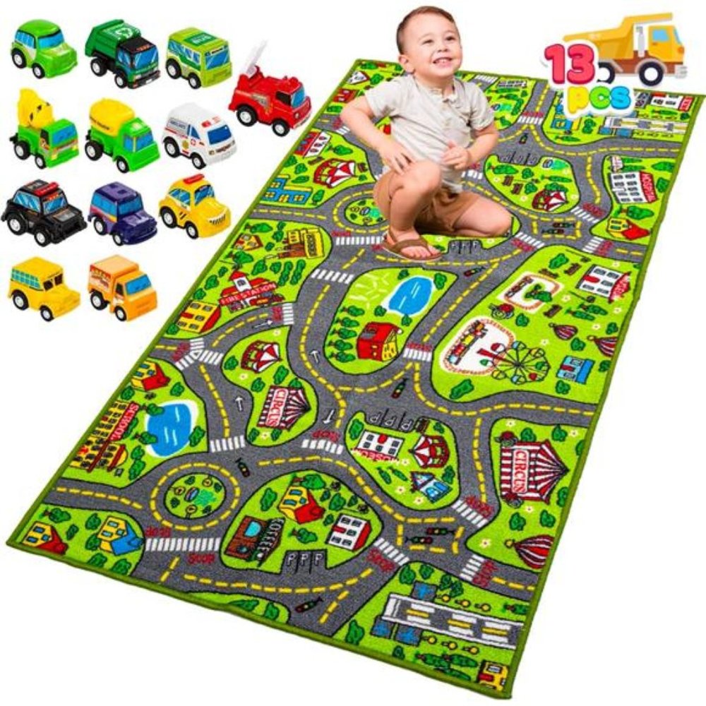 Kids Play Rugs - 12 Pull-Back Vehicle Set - Durable Carpet Playmat Rug